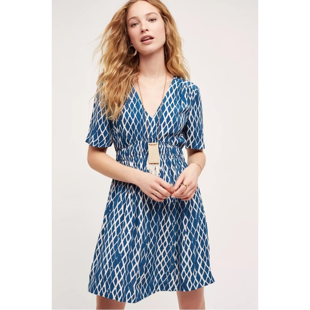 Anthropologie Blue & White Diamond-Print V-Neck Mini Dress